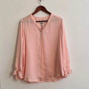 NWT Anne Klein Long Sleeve V-Neck Pleat Front Blouse in Cherry Blossom, Size PL